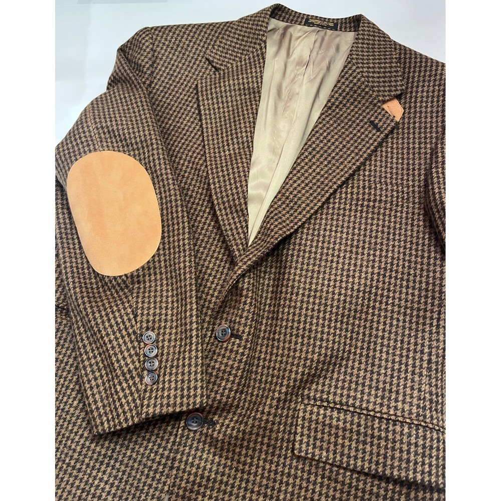 Evan-Picone 43R Wool Houndstooth Blazer Brown Elbow Patches Sport Coat Vintage